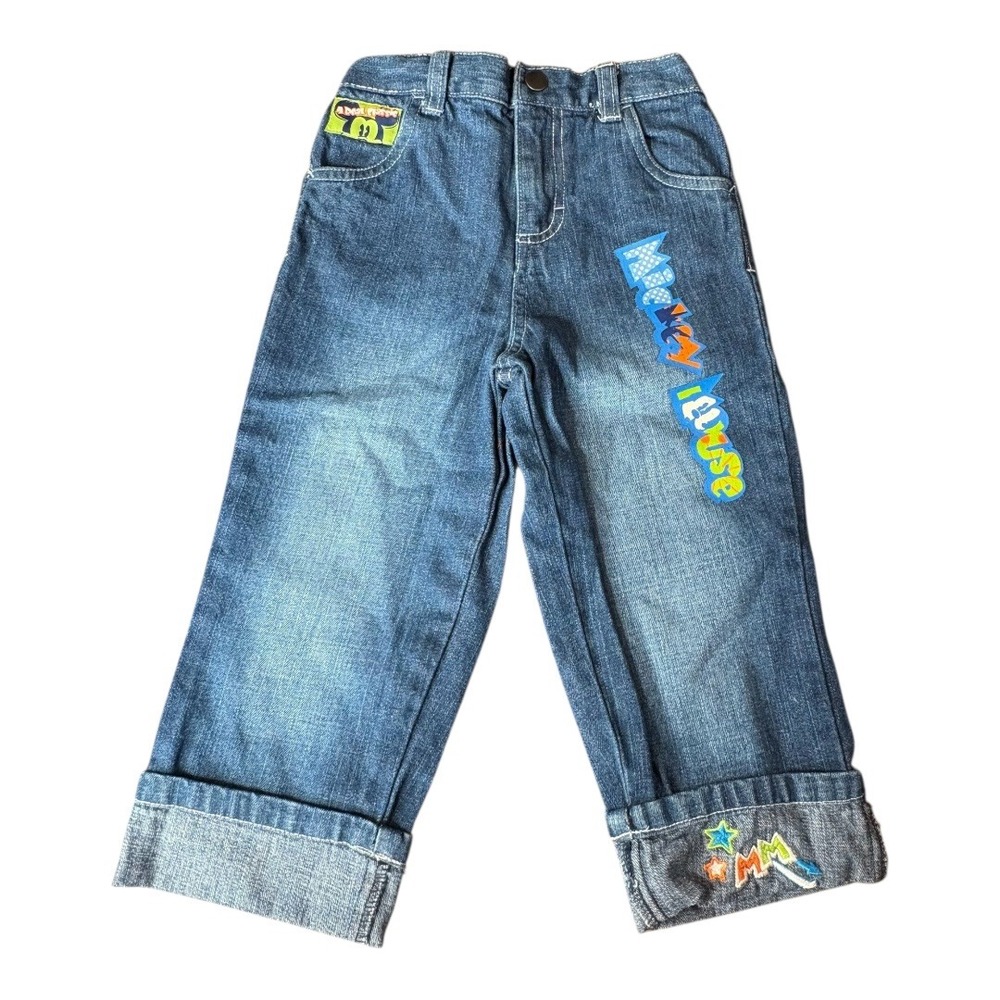 Mickey Mouse Denim Jeans Cuffed Cartoon Print Disney Boys Size 24M‎ Vintage